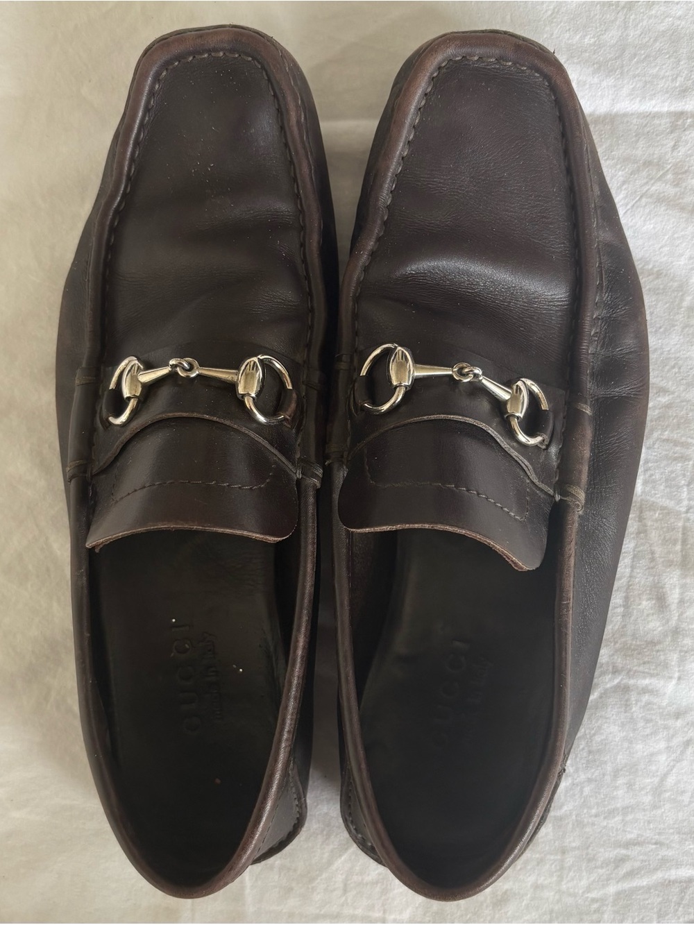 Authentic GUCCI Brown Leather Slip-On Loafers, Silver Bit Style 121502, Size 9.5